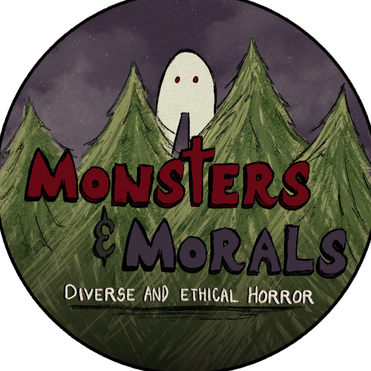 Monsters & Morals Team Logo. An extremely tall Fresno Night Crawller peeks out from behind a forest full of trees. This is set against a starry yet cloudy night sky. "Monsters & Morals: Diverse & Ethical Horror" is written ontop. There's an old-school cinema film grain over it.