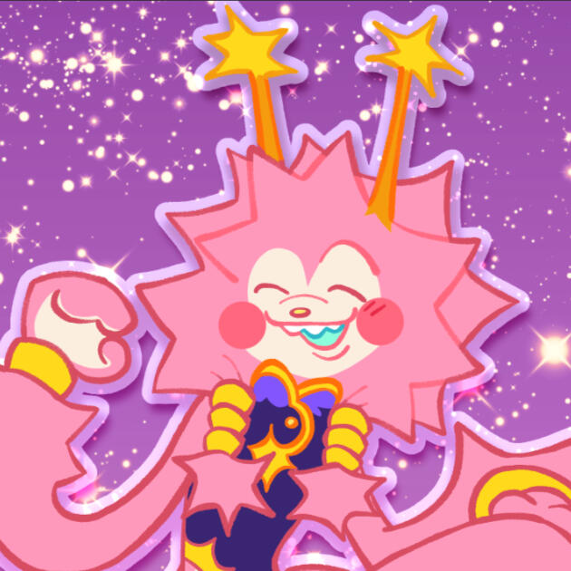 Shifter's Profile Picture. A brightly coloured, furry, puppet like character with starry stalks coming out of their head. They're wearing beads, bracelettes and a purple sleeveless shirt. They're smiling at something off camera with their hands raised happily. Sparkles are in the bg