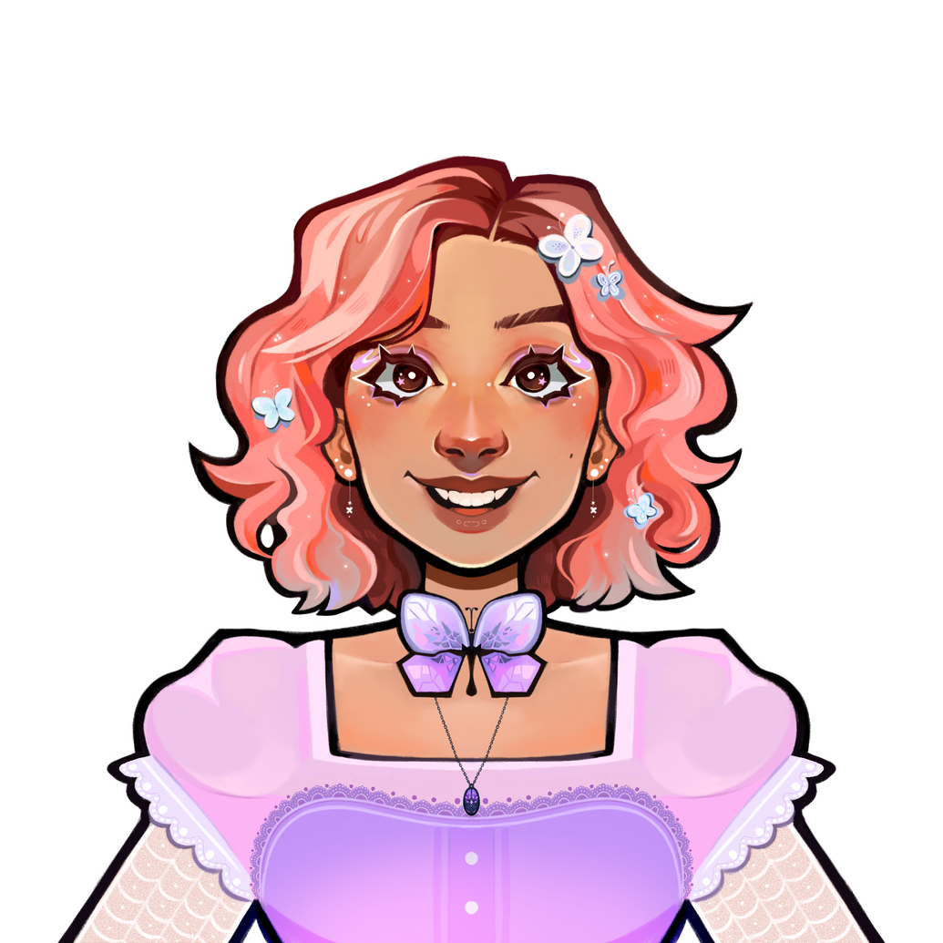 Drawn profile picture of Emyblossom93 wearing a purple dress with butterfly collar. (Artist Credit: Edweeniie)