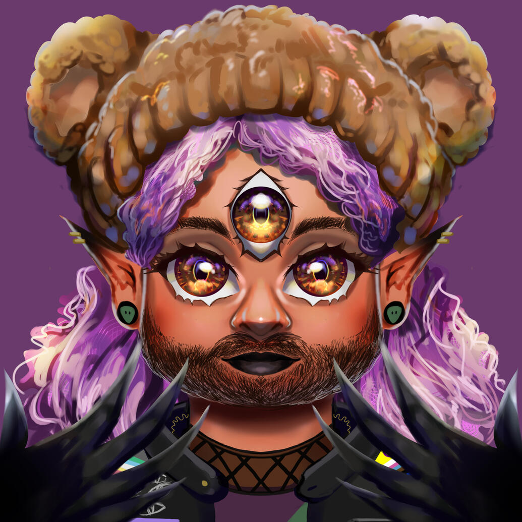 A rendered portrait of Jazz by GoopyDoopyArt. Jazz is a light skinned, fat, Arab, Disabled Trans Man & eldritch being w long pink curls. He has a third eye, pointed ears, a beard & a bear beanie. He's flashing his black claw like hands & smiling cutely.
