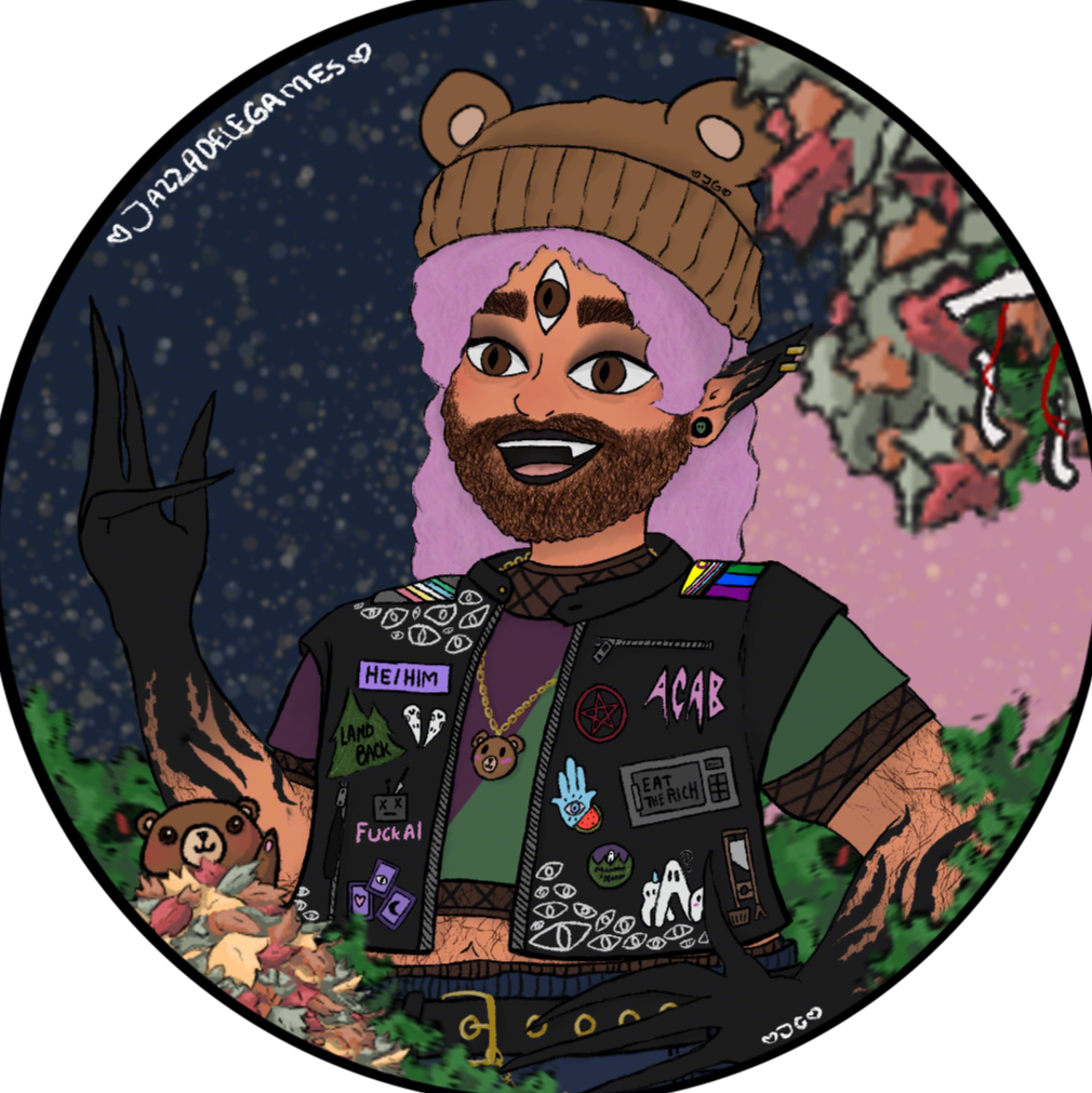 Jazz's PNGtuber. A 26 yo, light skinned brown Arab, fat, bearded transman, w a third eye on his forehead & black tentacle designs up his arm, waving. Wearing a fishnet shirt, a crop top, a punk pleather jacket w social issue badges on it & a bear beanie!