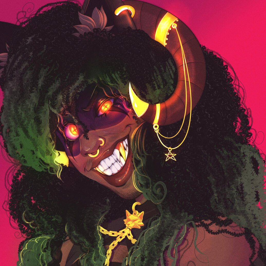 Silas's persona: med brown skin, black curls w green ends & black wolf ears w grey tufts. Large, red curved horns w gold bands & a dangling chain w a pentagram. Eyes glow red; he grins wide w/ gold fangs; gold nose hoops & septum; wears a gold wolf choker.