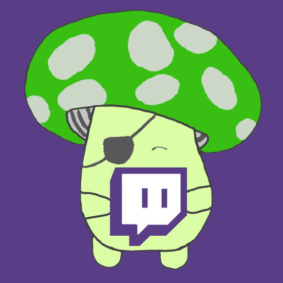 Image of Trips pngtuber: A green mushroom against a purple background! The body is light green, the cap is neon green with white spots on the cap. They're also wearing a black eyepatch on the right eye. They're smiling and holding a Twitch Logo.