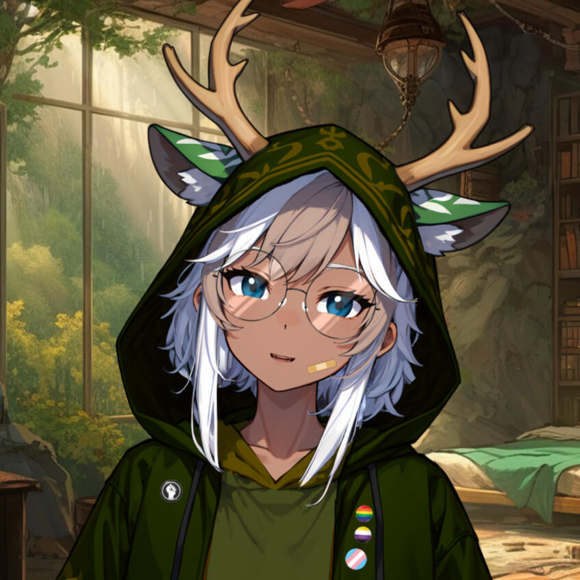 Cervine's Pfp. Cervines VTuber, a Black, Boricua, Alaskan Native person with deer horns & ears. They're wearing a green hoodie with crescent moons and other symbols along the hood, and some pride pins along their jacket. They're smiling at the camera!