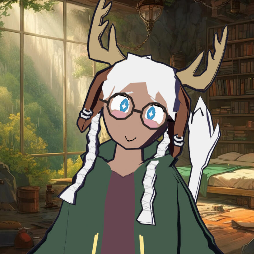 Cervine's Pfp. Cervines VTuber, a Black, Boricua, Alaskan Native person with deer horns & ears. They're wearing a green hoodie with crescent moons and other symbols along the hood, and some pride pins along their jacket. They're smiling at the camera!