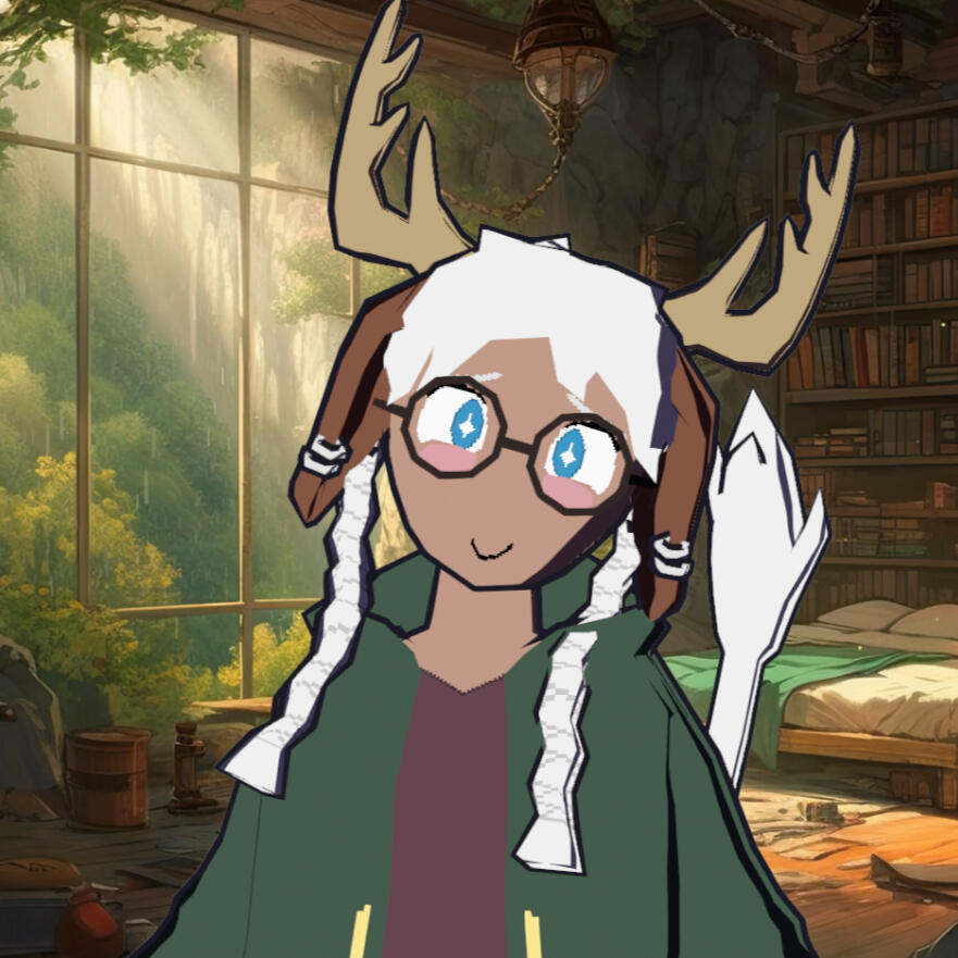 Cervine's Profile Picture. VTuber & low-poly deer-person Cervine beams at the camera, blushing slightly. They are wearing a long green qaspeq and a burgundy top under it. They have deer horns, deer ears, and a long white unicorn's tail. Their ears are pierced with silver jewelry.