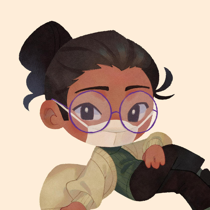Drawing of Jisp floating over a tan colored background. They are a nonbinary Filipino person with a ponytail and purple glasses. They are wearing a light brown cardigan, a green turtleneck, black pants, black shoes, and a KN95 earloop face mask.