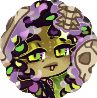 Vert's Profile Picture. Illustrated icon of Vert's Vtuber, half in shadow, with light-olive skin, bright green eyes, and long curly dark-purple-and-green hair. He's surrounded by bones and light purple smoke, and glances to one side ominously.