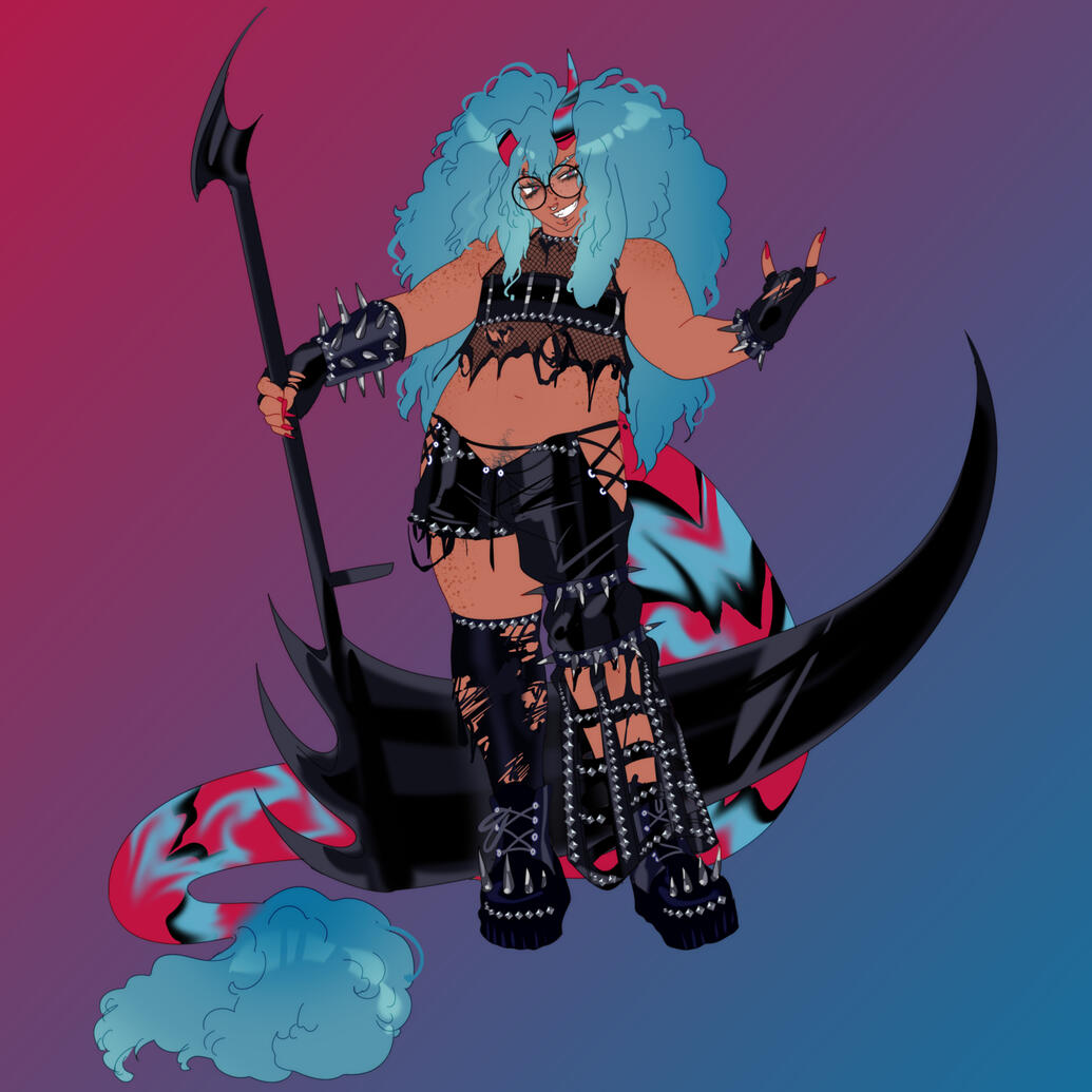 Usagikaiju's Profile Picture. usagikaiju, a Black & Indigenous trans monster boi posing with a giant scythe. he has spiky teeth, a big grin, long curly blue hair, tie-dyed blue, red & black horns matching the color of his huge serpent tail that curves behind his back. credit: lymerikk