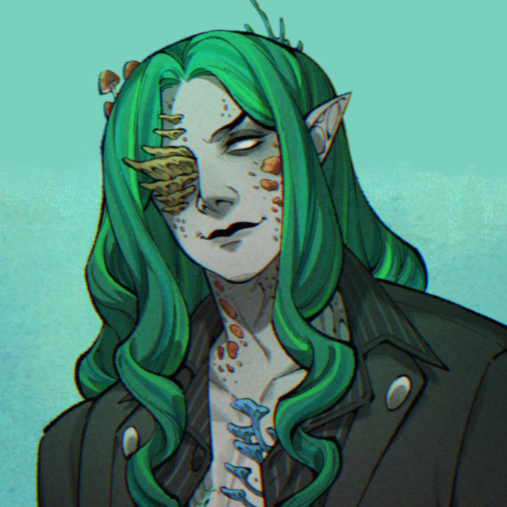 Virva's Profile Picture. Headshot drawing of VirvaValkea's Vtuber avatar, a fungal infested elf with long wavy hair. Fungal growths replace his right eye and sprout from hyphaes' body. He smiles confidently.