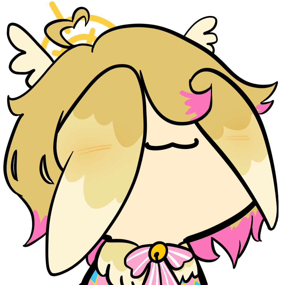 Angel's Profile Picture. Chibi-style art of a Angel's face with light skin, blond-and-pink hair, and blond gradient angel wings over his eyes. He has a halo and angel wings behind his head and wears a little jester outfit, and has a cat-like smile like he's just happy to be here.